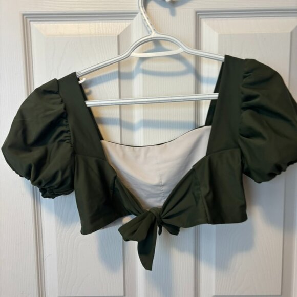 Green Puffy Sleeve Cute Bathing Suit Top - Picture 1 of 3